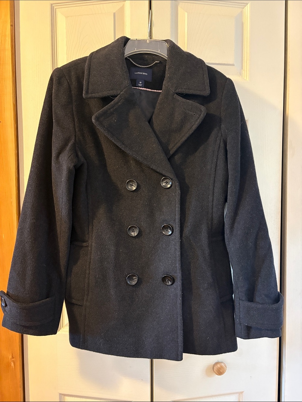 Lands' End Black Double-Breasted Wool Blend Pea Coat